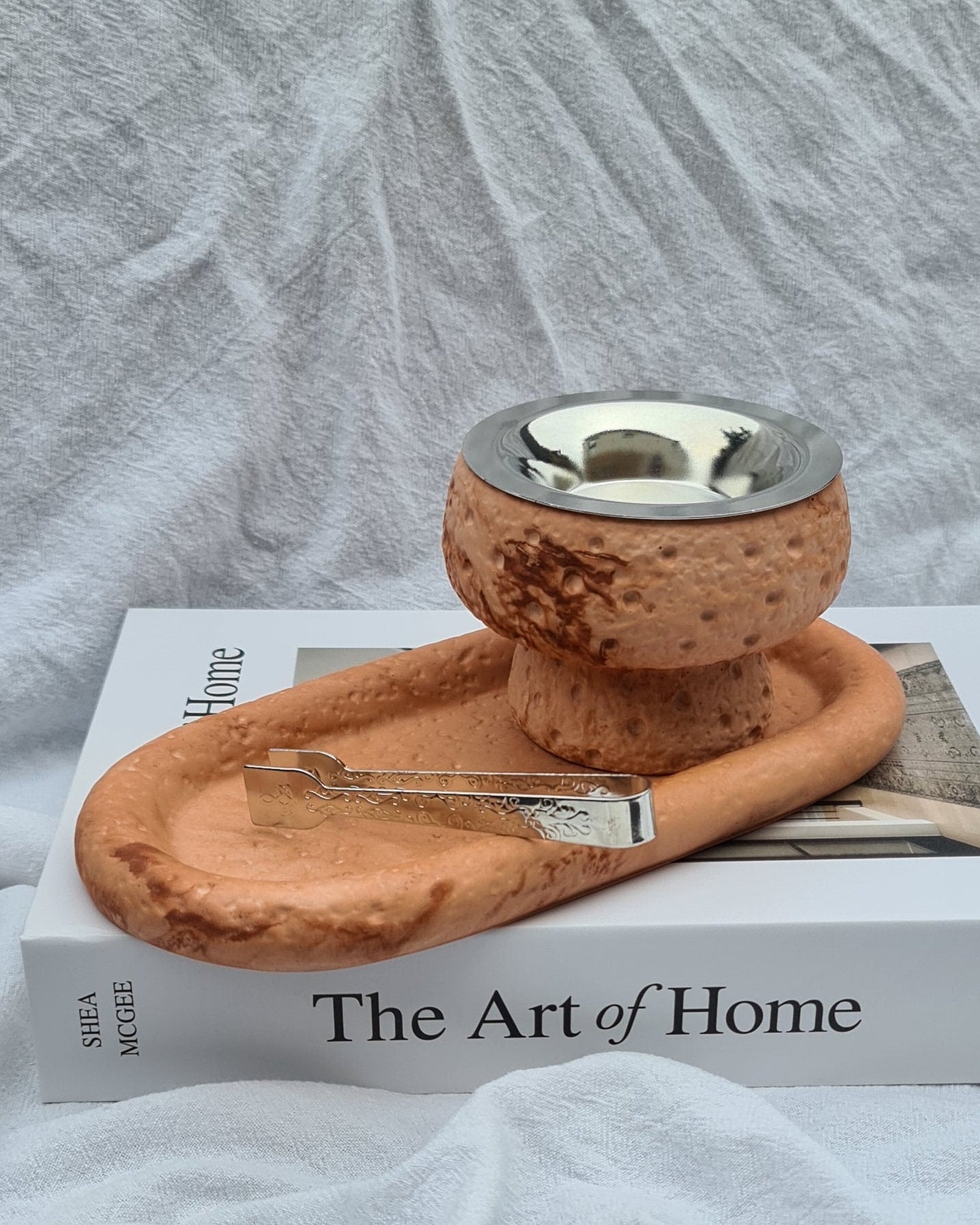 Terracotta Maqaam incense burner set with silver plate and tongs — hand-finished cast stone design from MINKO HOME.