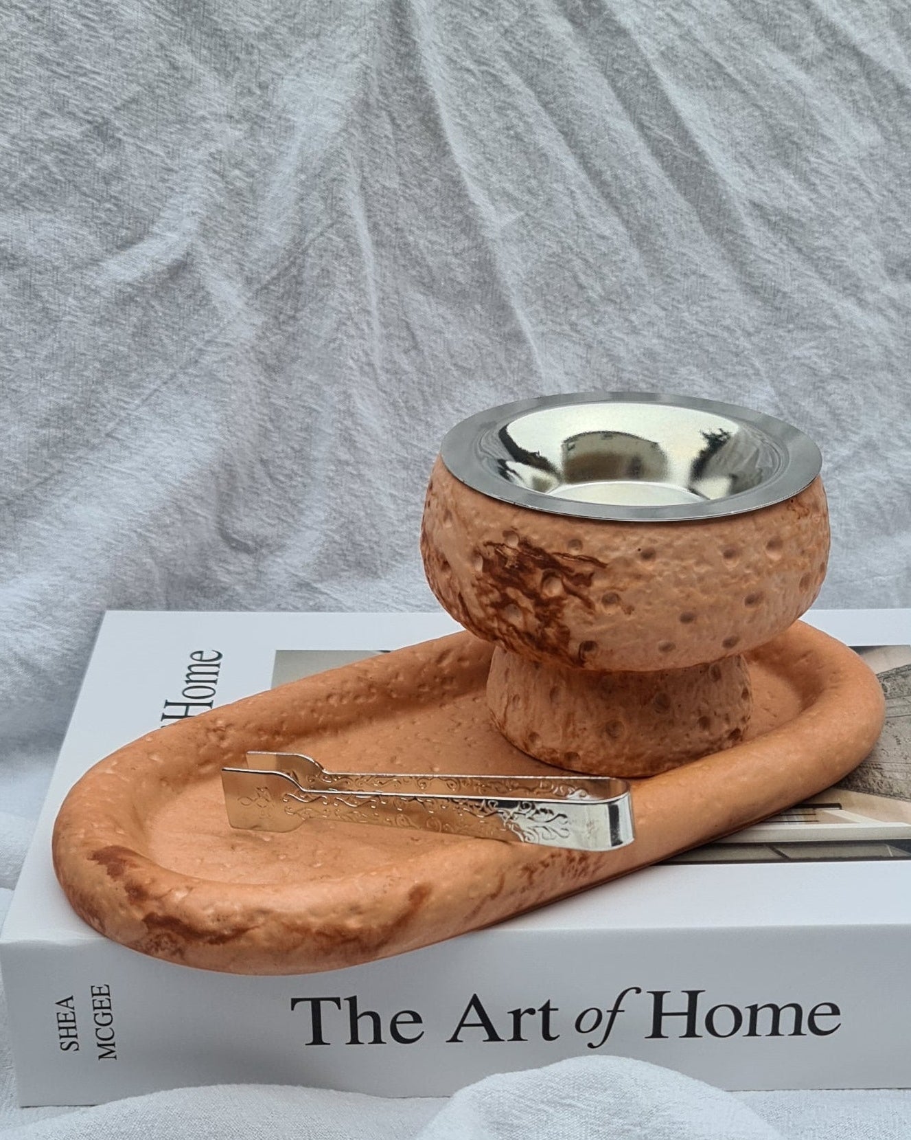 Terracotta Maqaam incense burner set with silver plate and tongs — hand-finished cast stone design from MINKO HOME.