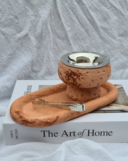 Terracotta Maqaam incense burner set with silver plate and tongs — hand-finished cast stone design from MINKO HOME.