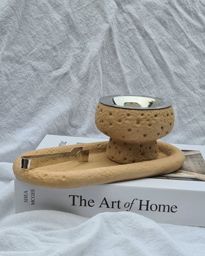 Handcrafted beige incense burner set with textured bowl, metal plate, and matching tray — MINKO HOME Maqaam Set styled on The Art of Home book.